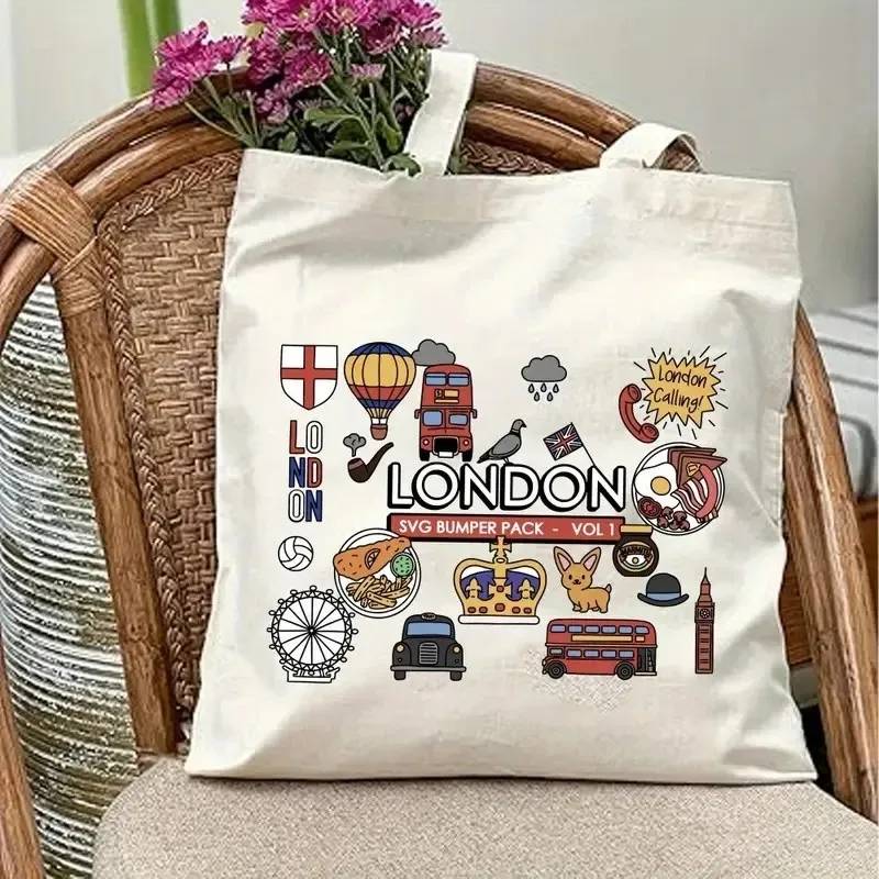 

London-Inspired Canvas Tote Bag with Large Capacity Durable Stylish Shoulder Handbag for Travel Shopping & Outdoor Activities