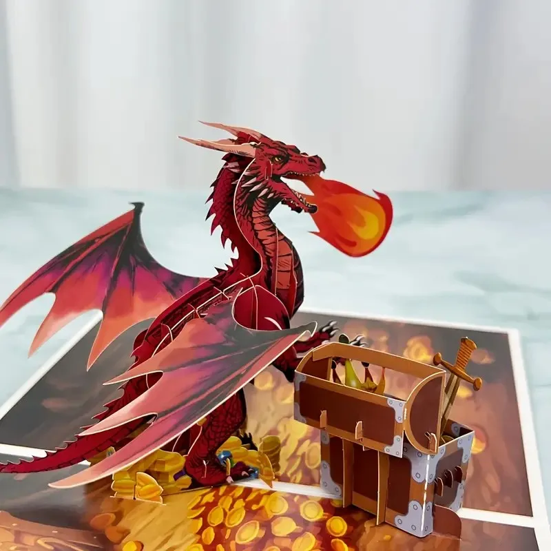 

Creative 3D Stereo Greeting Card Handmade Paper Carving Treasure Box Fire Dragon Card Gift Birthday Holiday Universal