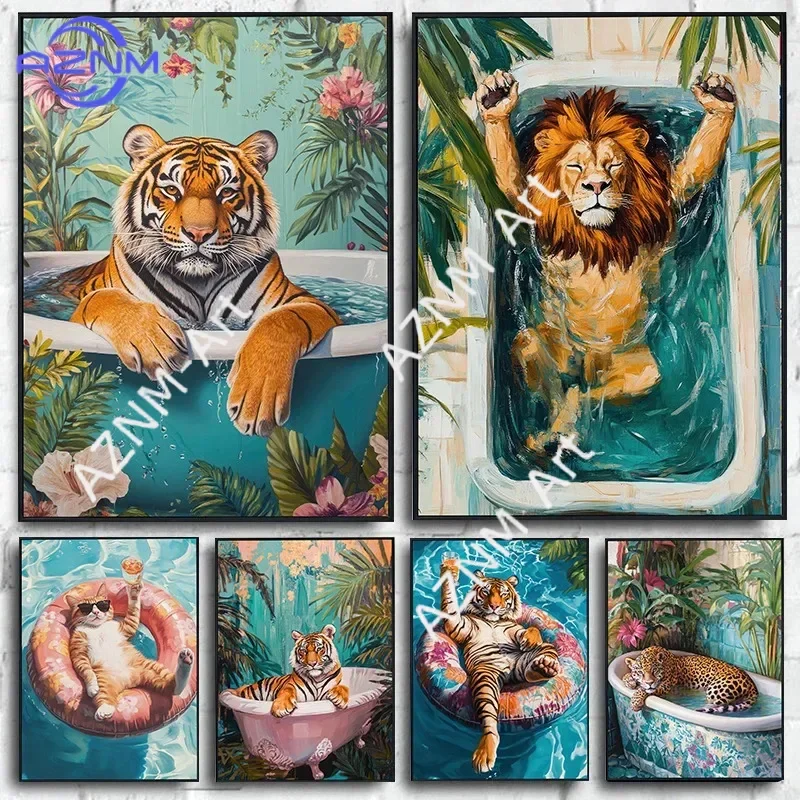 1 Stück rahmenloses Gemälde mit entspannten Tieren im Schwimmbad, tropischer Löwe, Tiger, Katze, Leinwandgemälde, interessante Badezimmerdekoration
