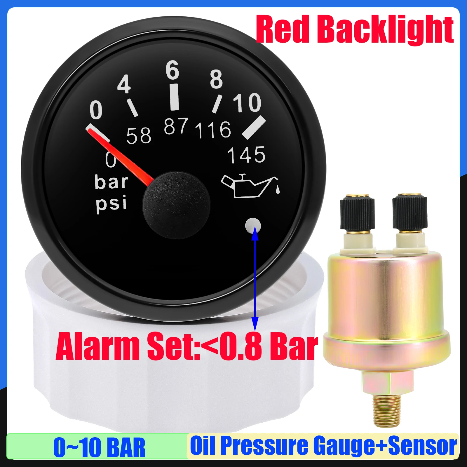 

52mm Oil Pressure Gauge with Sensor Alarm Red LED Oil Press Meter 0-10Bar,0-5Bar,0-73PSI,0-145PSI for Automoblie Car Boat Yacht