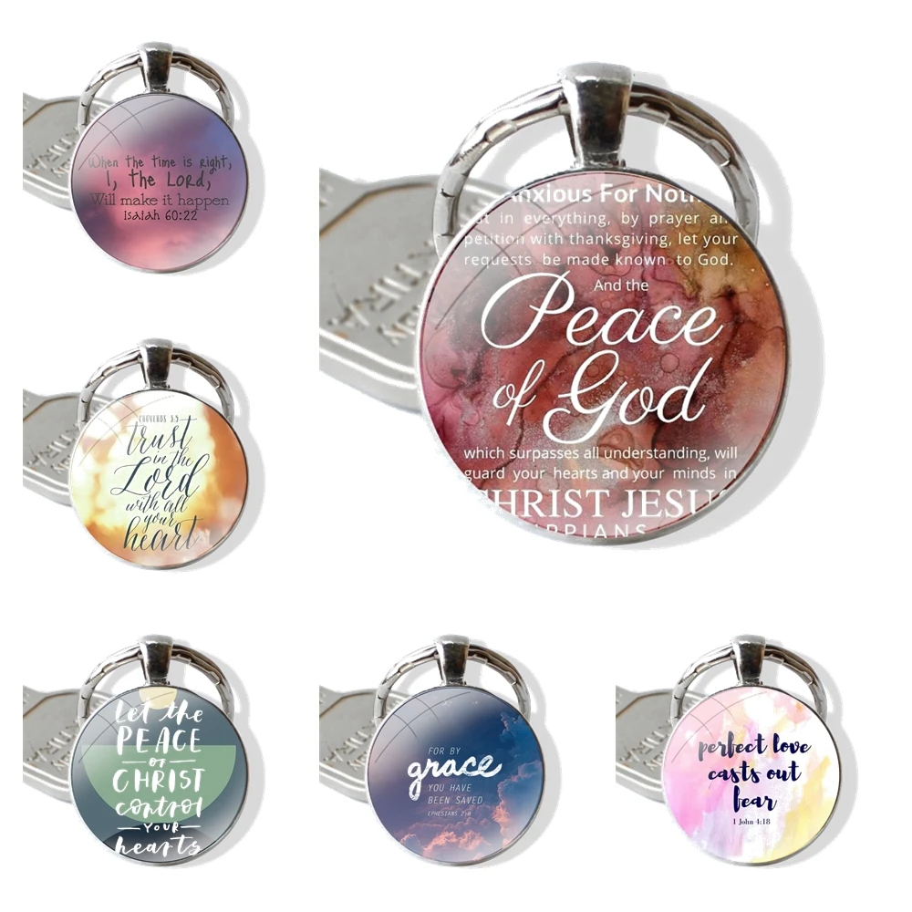 Christ Jesus Bible Verse Keychain Handmade Glass Cabochon Key Ring Holder Pendant Key Chains