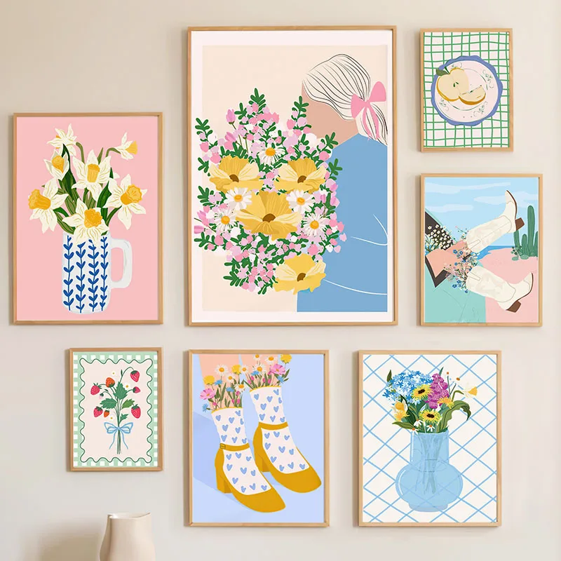 1pc frameless Canvas Painting Retro Flowers Fruit Vase Gallery Colorful Funky Poster And Prints Simple Wall Art Canvas Painti