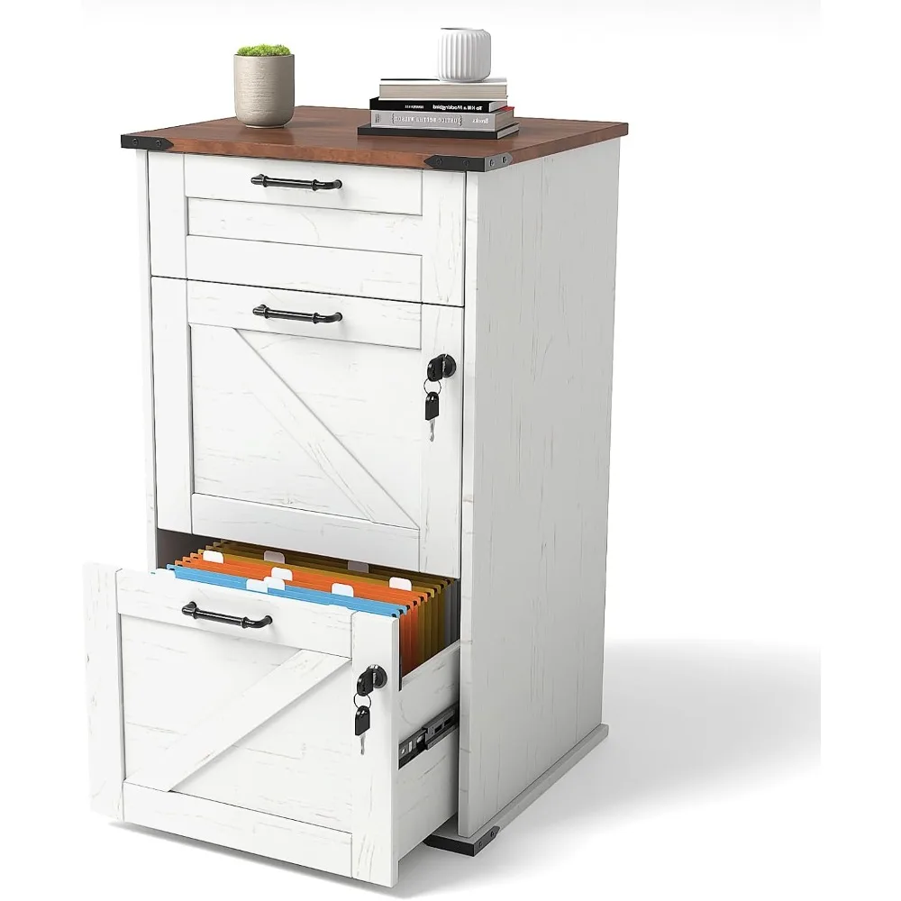 

3 Drawer File Cabinet with Lock, Home Office Filing Organizer, for Letter Size File Folder Storage, Modern Farmhouse Style, Woo