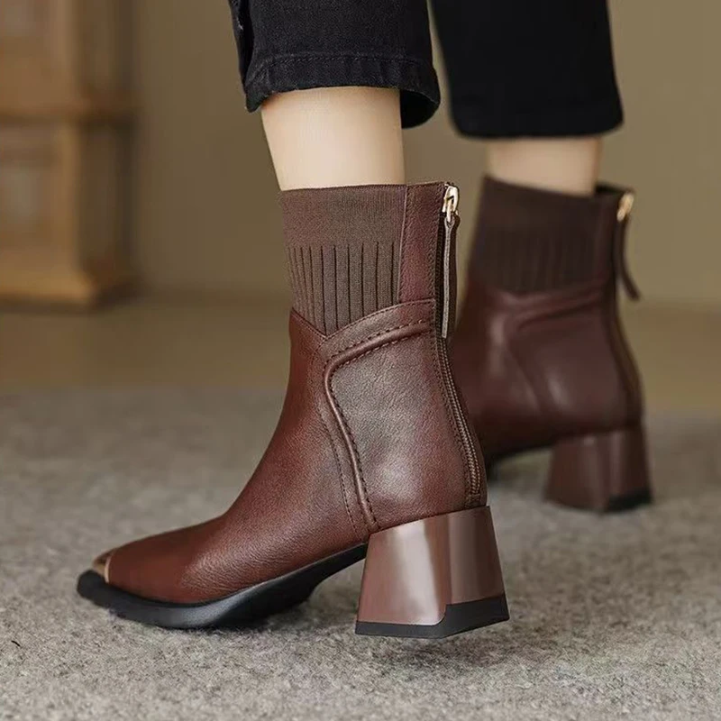 

Square Toe High Heels Women Ankle Boots Winter Shoes 2025 Elegant Leather Shoes Chunky Pumps Chelsea Short Boots Mujer De Botas