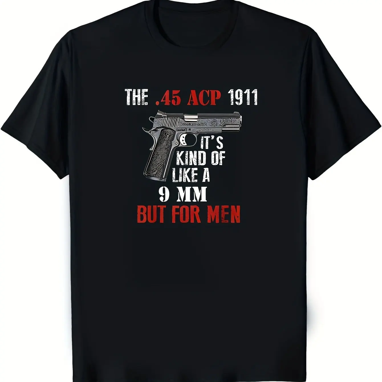Men'S 100% T-Shirt .45 Caliber 1911 Pistol Print Round Neck Black Fabric Weight 180G Graphic Short Sleeve Men's T-shirts