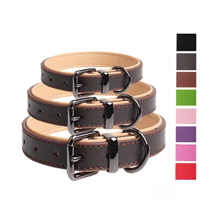 

New Fashion Unique Solid Colour Blank Italian Pet Durable Genuine Leather Dog Collar Soft Double Leather Collar