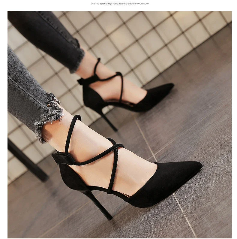 Four Seasons Women\'s Suede High Heels 9cm2023 New Pointed Stiletto Fashion Sexy Black Wedding Shoes Nude Bridal Shoes