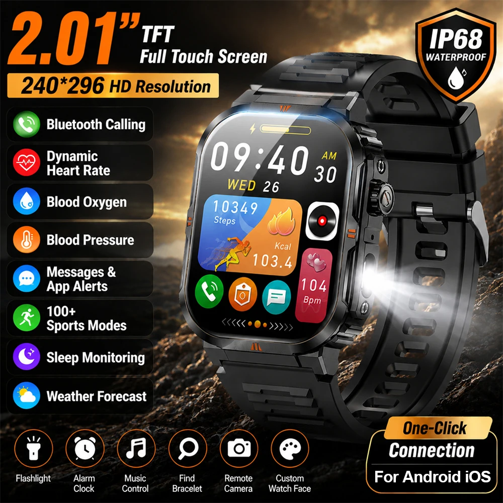 

2026 New Military Smart Watch Men Women 3ATM Waterproof Outdoor Sport Fitness Tracker Health Monitor 2.01inch BT Call Smartwatch