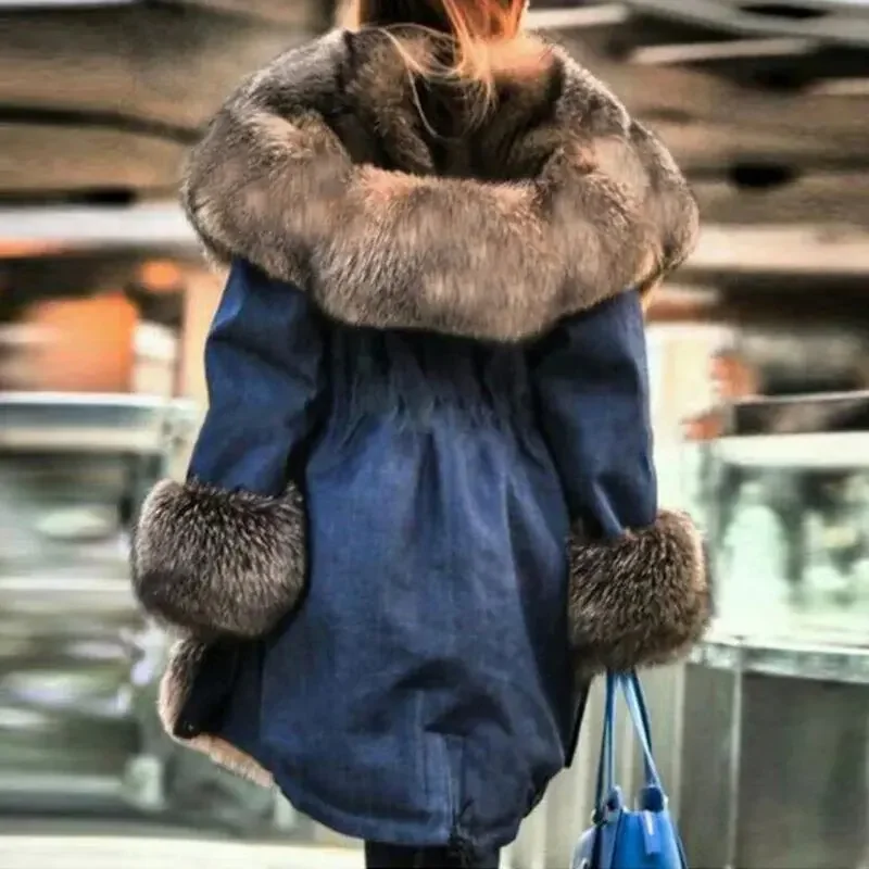 2023 Women Fur Collar Cosy Fur Coat Winter Jacket Long Women Mink Cap Collar Long Coat Liner Hooded Parkas Fox Fur Thicken Coat