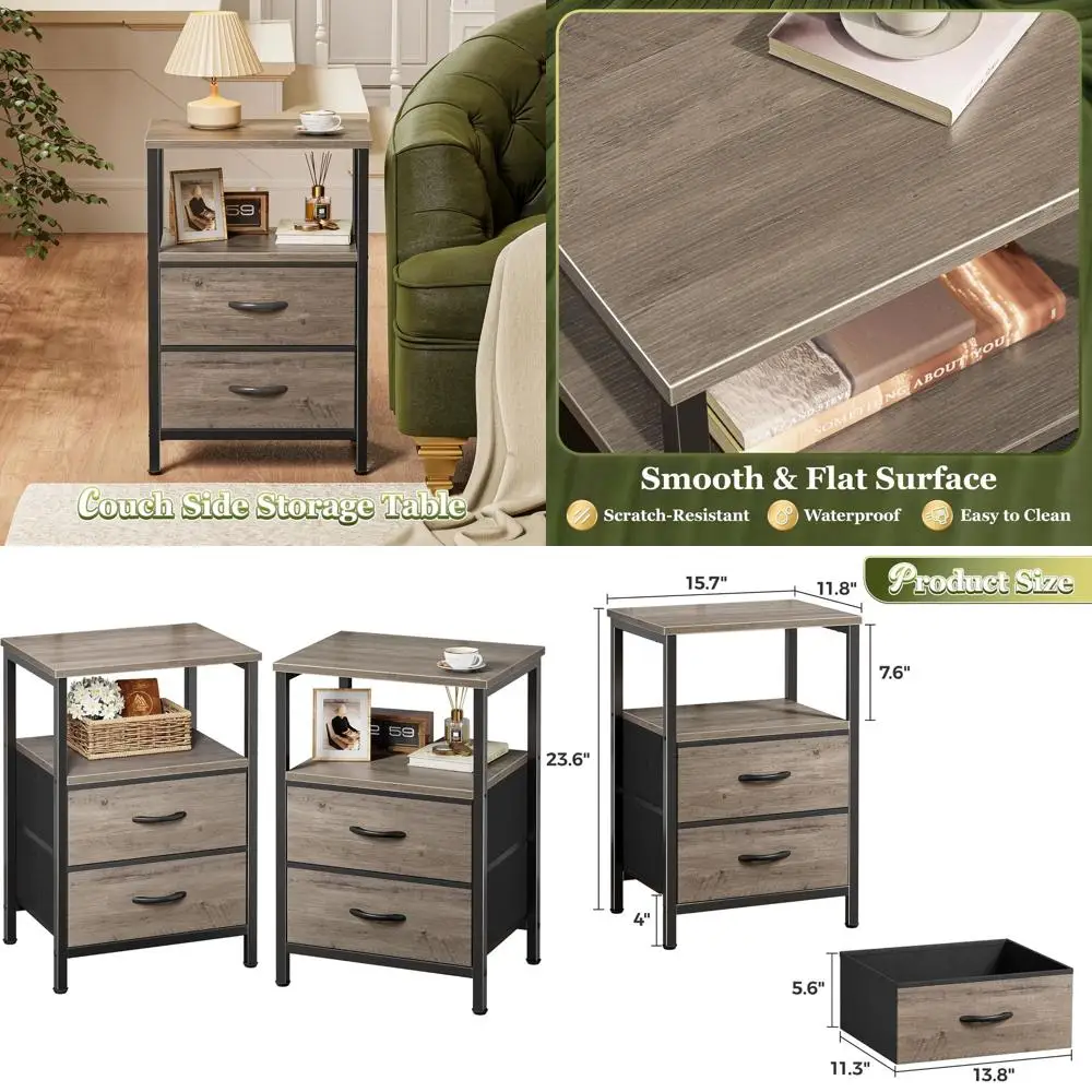 

Pair of Wooden Nightstands with 2 Drawers and Open Shelf, Oak-Print Fabric Drawers, Bedroom Side Tables