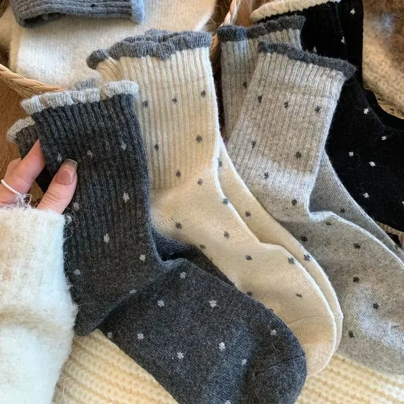 5 paires automne hiver Dot femmes mi-mollet chaussettes Style coréen chaud dames Coquette cheville chaussettes fille école froufrous chaussettes en gros