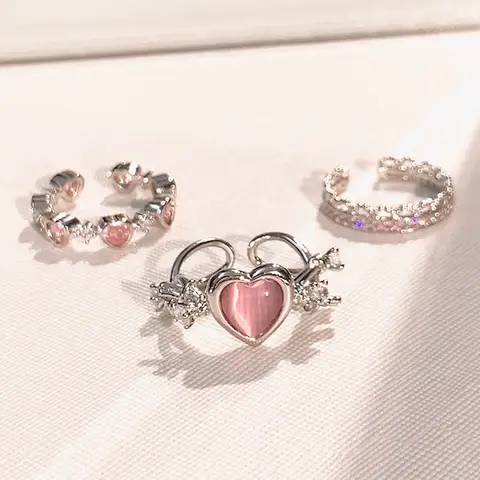 3pcs 패션 러브 하트 지르콘 오픈 반지 여성을위한 설정 고딕 달콤한 여자 기하학 손가락 반지 Y2K 파티 쥬얼리 액세서리