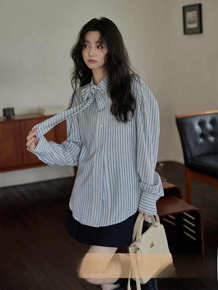 

Ele Striped irt with Tie Design Long Sve Korean Sle Women's Top Breathable Polyester Fiber Spring Autumn New Arrival