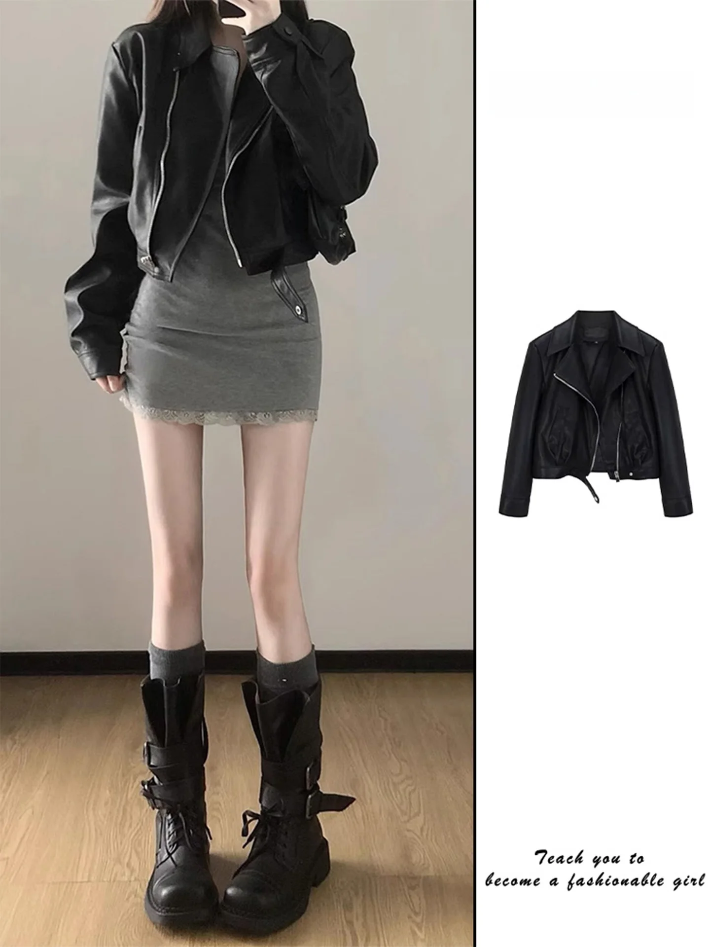 

Sexy ort Bla Leather Jaet Women's Spring Autumn Retro Motorcycle Hong Kong Sle Pudong Coat Stand Version Long Sve