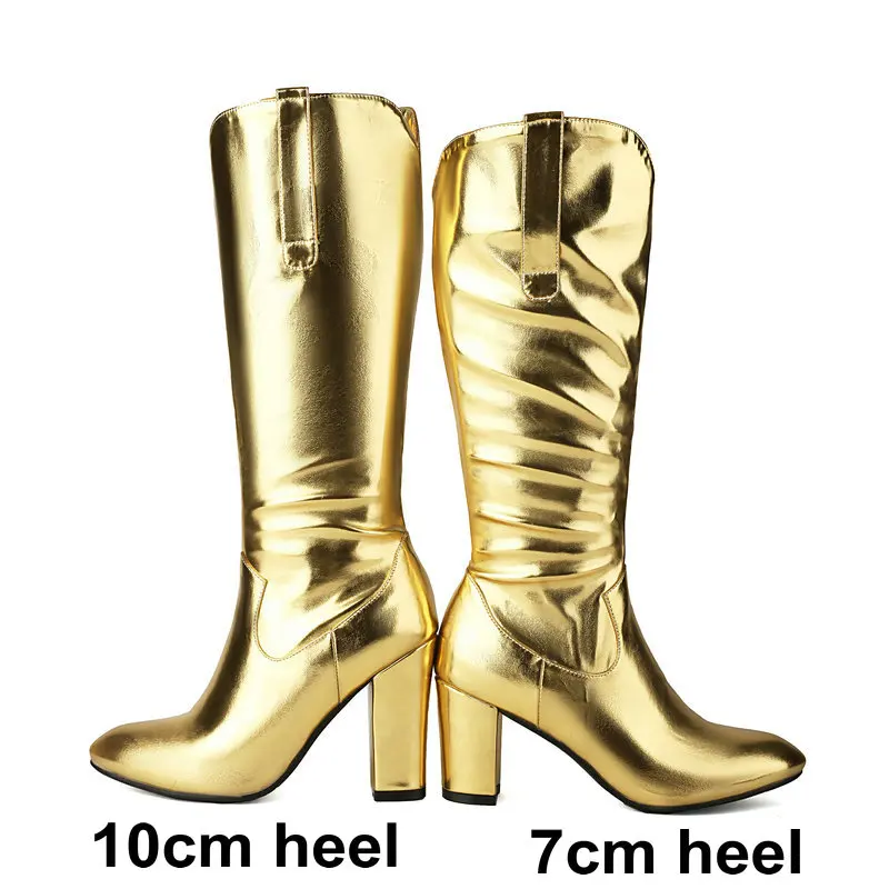 Trendy Metallic Gold Silver Boots for Party Wedding Round Toe Block High Heels Knee-high Boot Winter Warm Shoes Plus Size 45 46