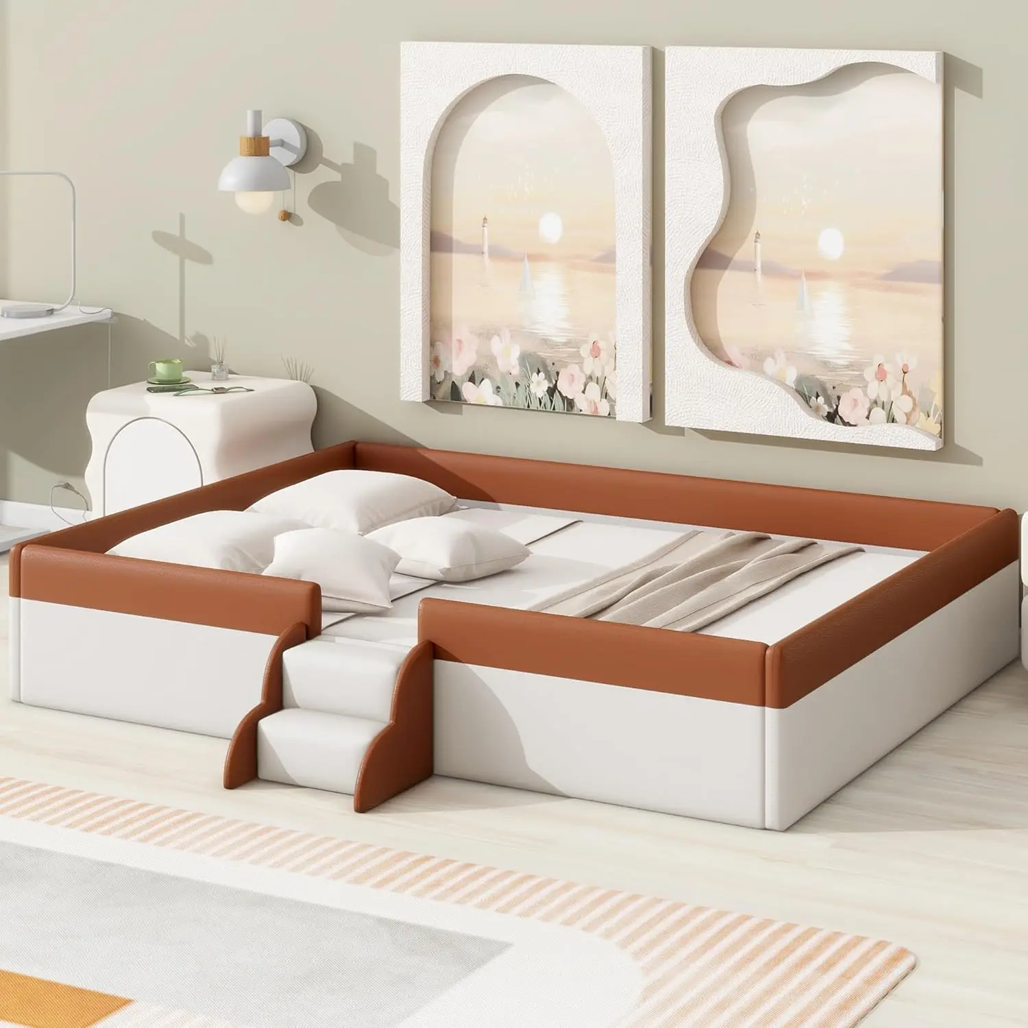 

PU Upholstered Floor Bed with Fence and Stairs, Queen Montessori Bed with Slats(Brown+White)