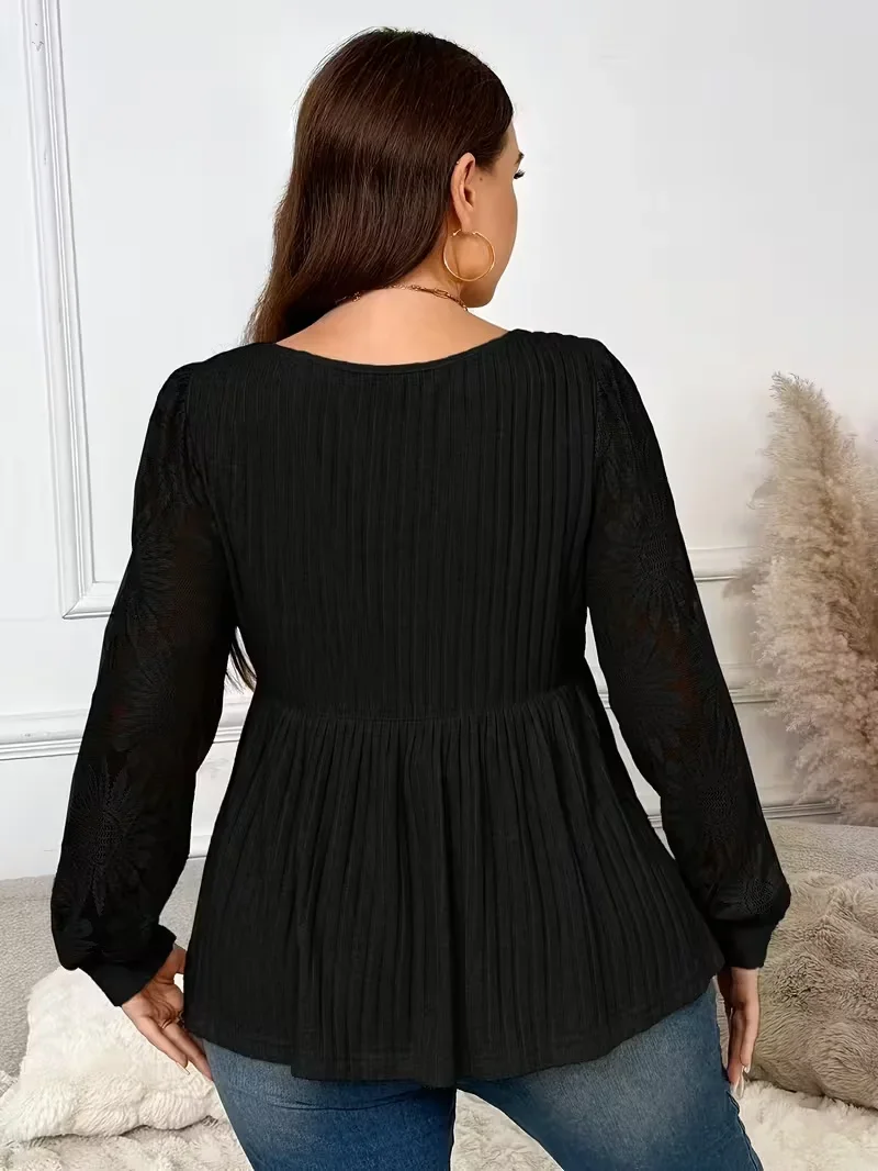 بلوزة نسائية كبيرة الحجم سلسلة أنيقة - كبيرة الحجم لون نقي مرقع شبكة عباد الشمس بأكمام طويلة للنساء