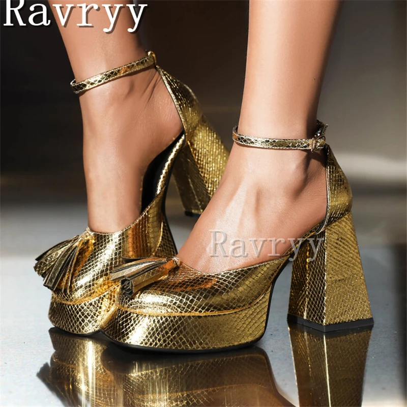 

New European-American Style Round Head Tassel Sandal Waterproof Platform Thick High Heel Fashion Week Runway Dress Party Shoes