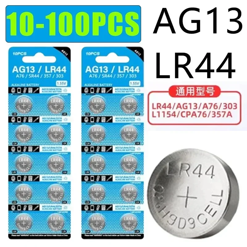 

10-100PCS AG13 LR44 A76 357A Button Cell Coin Alkaline Battery 1.55V SR44SW L1154 SP76 pila 357 303 for Watches Toys No Mercury