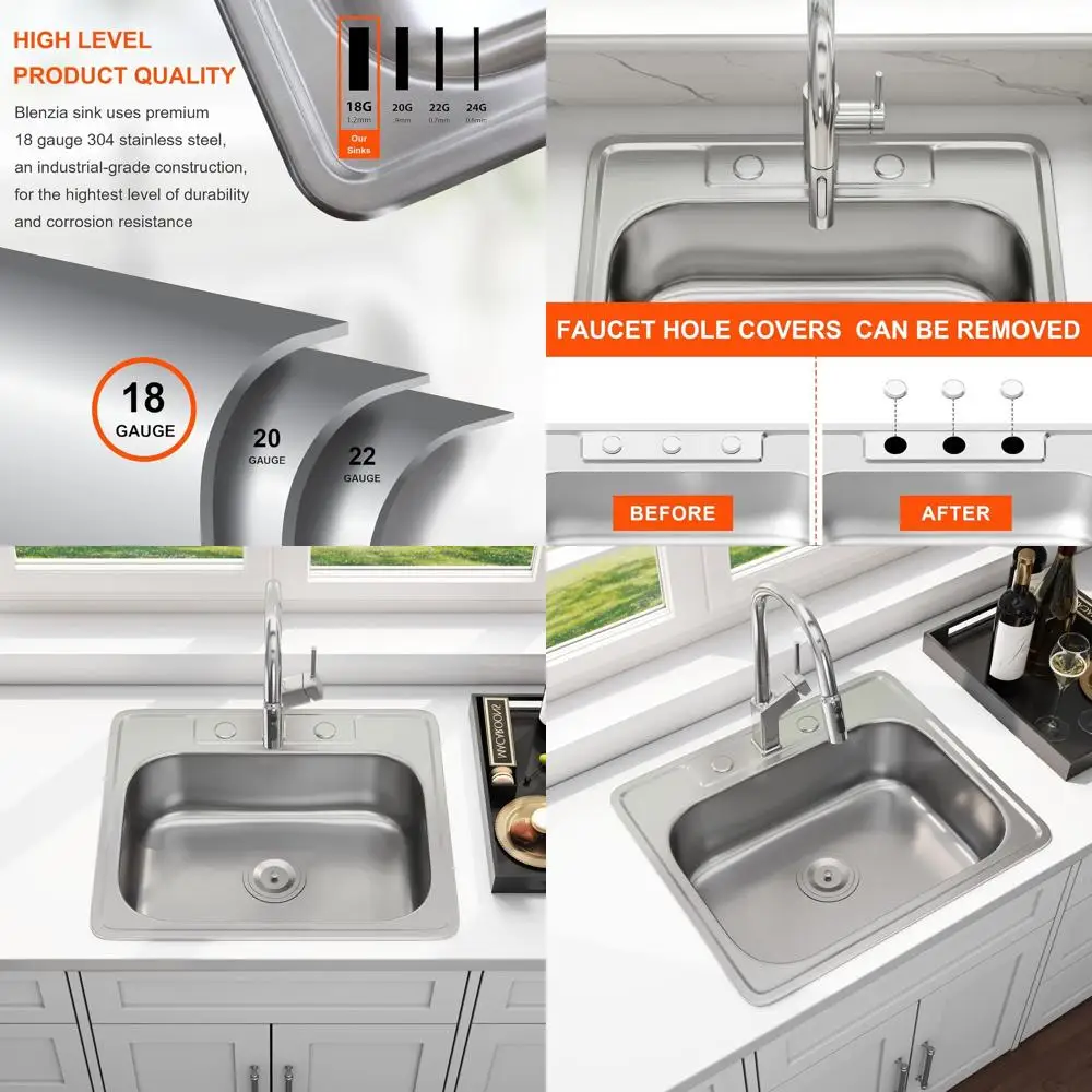 

18 Gauge 304 Stainless Steel 25 x 22 Curved Single Bowl Kitchen Sink with Strainer and Three Holes