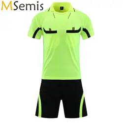 Mens Soccer Jersey Referee Outfit Football Match Uniform Tracksuit Turn-Down Collar Short Sleeve Pockets T-shirt with Shorts