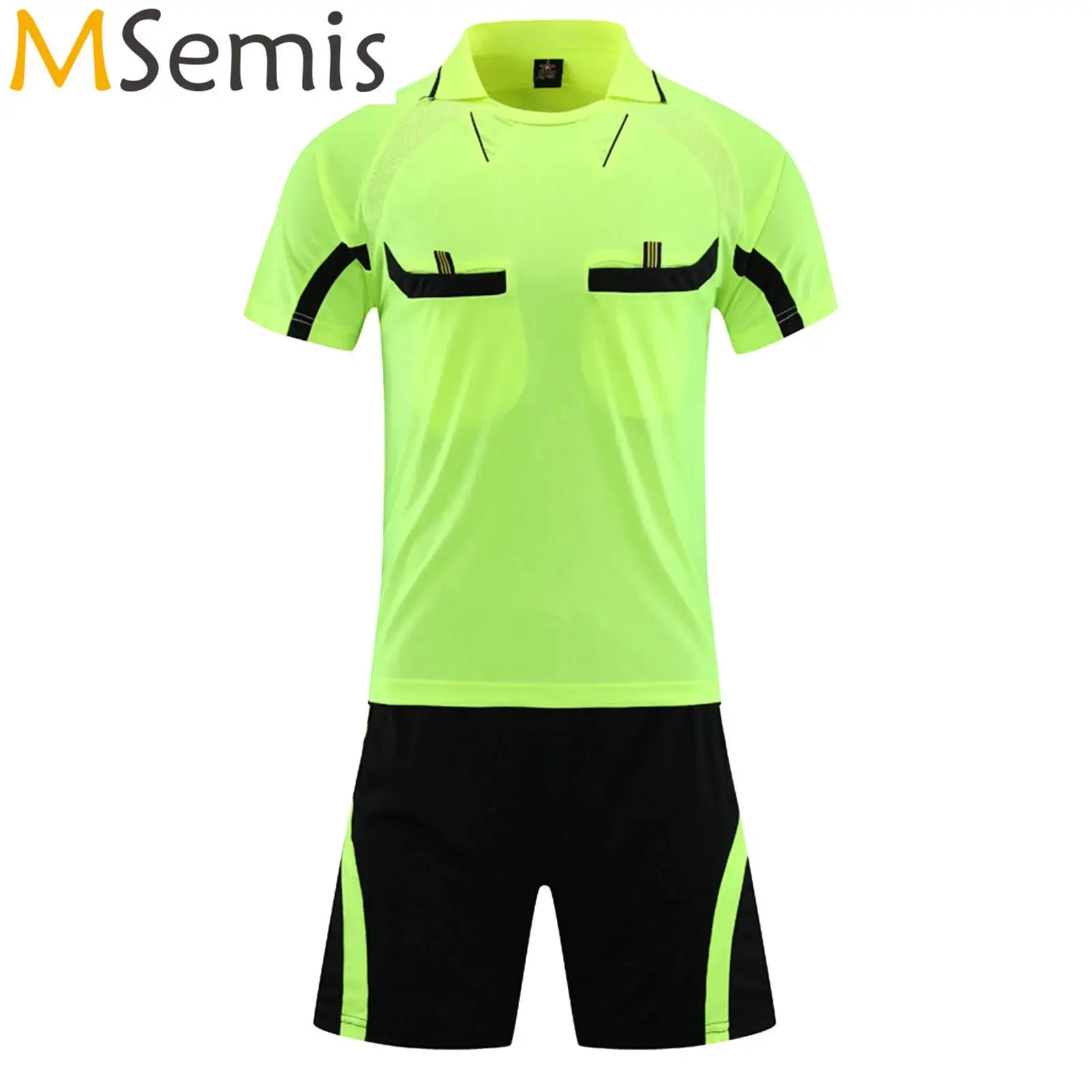 Mens Soccer Jersey Referee Outfit Football Match Uniform Tracksuit Turn-Down Collar Short Sleeve Pockets T-shirt with Shorts