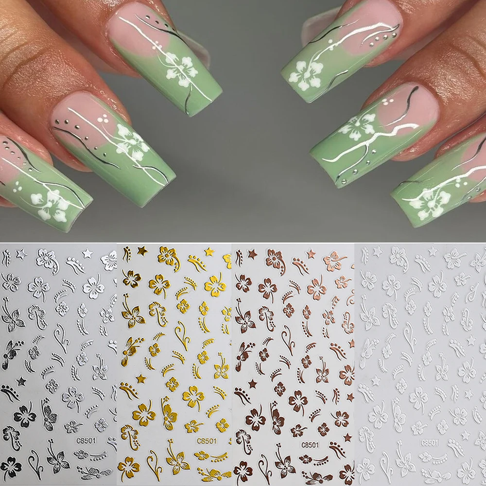 1pcs 3D Hawaiian Flowers Nail Art Stickers Summer Decoration Hibiscus Flowers/White Flowers Nail Decals Tropical Leaves Slider