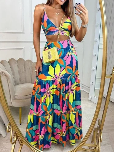 Imagen 2 del producto Conjunto de dos piezas sin mangas para mujer, falda estampada, Tops sexys, vestido largo elegante, traje de playa, novedad de verano