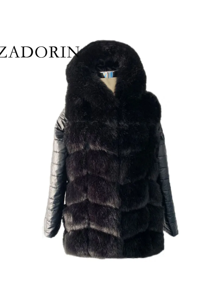 ZADORIN Fashion Winter Fur Coats Women Leather Removable Sleeve Faux Fur Jacket With Hooded Female Front Zipper Faux Fur Coat