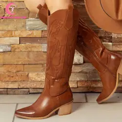 Buty zachodnie damskie Cowgirl haft masywne buty na obcasie romem średnio wysokie buty z cholewami kobiet 2023 zima nowe wygodne buty na co dzień