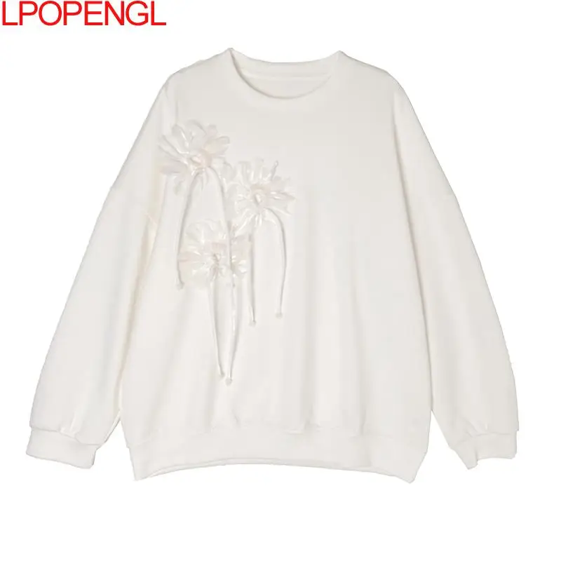 Solid Color Sweatshirt Women's Autumn New Fashion Korean Loose Casual Long-sleeved Pullover O-neck Three-dimensional Flowers Top