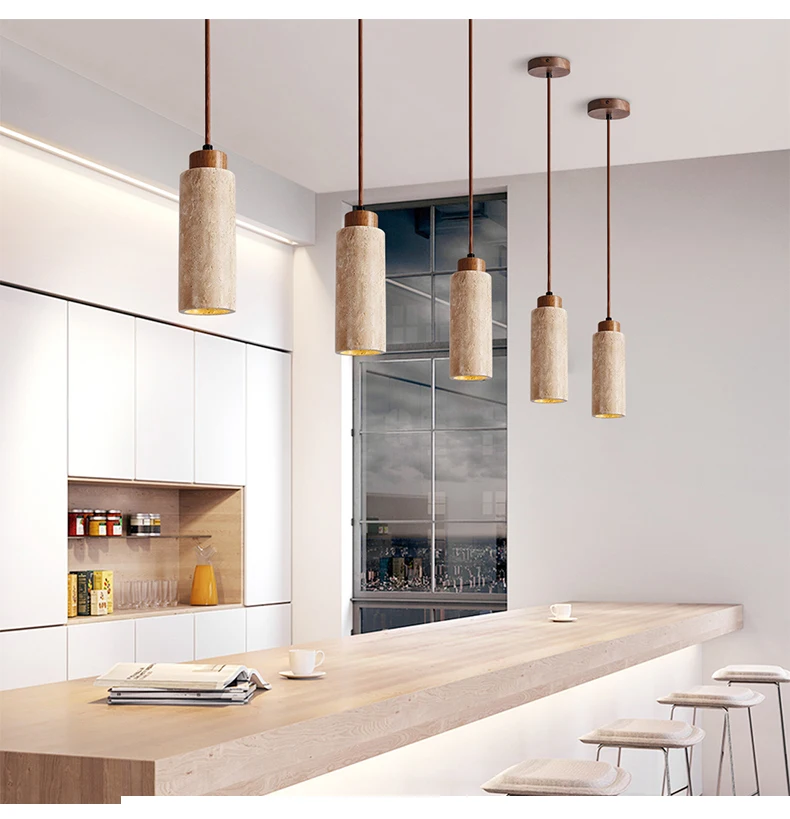 Yellow Stone Pendant Light Dining Table Japan Wabi-Sabi Travertine Droplight Nordic Bedside Restaurant Aisle Hanging Lamp