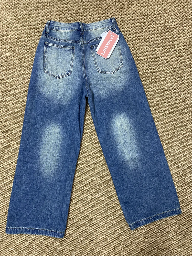 Women's Rivet Decoration Design Blue Jeans Cool Girl Baggy Wide Leg Vintage Unisex Trouser Female Casual Streetwear Denim Pants