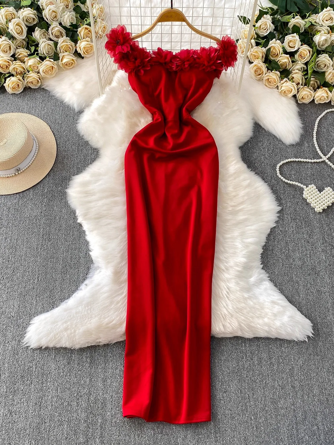 Verão feminino vermelho/rosa/branco vestido de festa sexy flor bodycon bainha vestidos elegante cetim cinta espaguete maxi robe 2026 novo