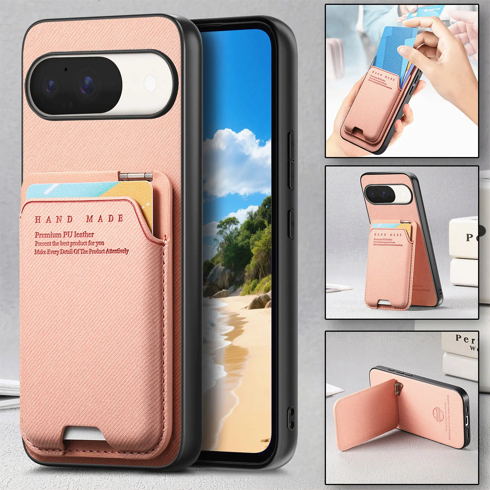 

Кожаный чехол-кошелек Solt с вертикальными картами для Google Pixel 10 Pro XL 9 9A, подставка из саржевого переплетения, многоугольный чехол с кронштейном