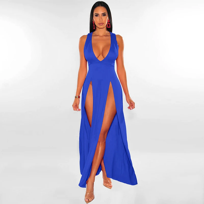 Sexy Woman Club Dress Backless Sleeveless Deep V-Neck High Waist Slit Maxi Dress Birthday Midnight Party Elegant Women Dress