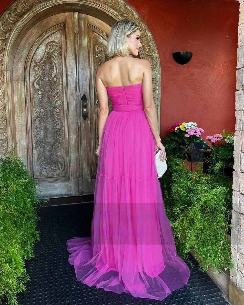 Fuchsia Tiered Tulle Long Prom Dresses Pleats Bow Evening Party Gowns Formal Evening Dress Princess Wedding Party Gown