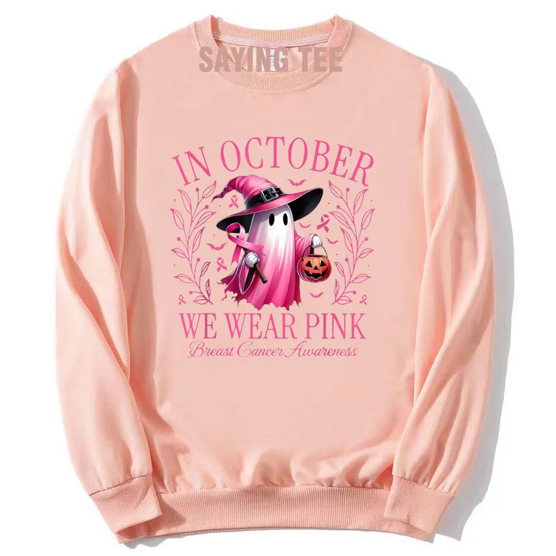 In October We Wear Pink Witch Ghost Pumpkin Breast Cancer Long Sleeve T-Shirt Sweater Halloween Costume Gifts Funny Pullower Top