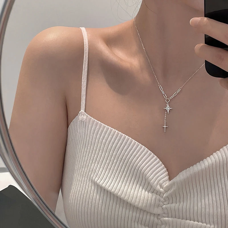 Silver Fairy Six Point Star Pendant Necklace Simple Clavicle Chain Shiny Zircon Tassel Cross Sweet Clavicle Neck Wedding Jewelry