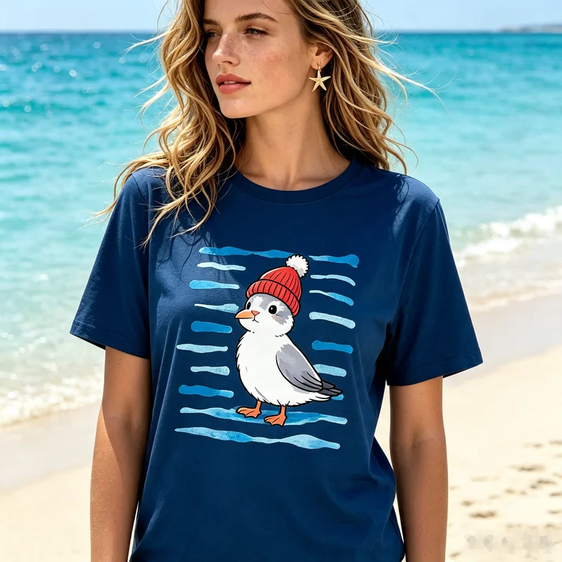 Watercolor Cartoon Seagull Graphic T Shirt Blue Water Stroke Background Breathable Cotton Short Sleeve Ladies Seaside Top