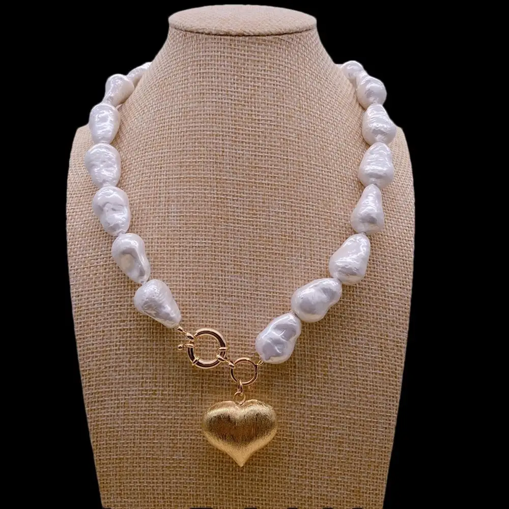 YYGEM 15x22mm White Sea Shell Baroque Necklace 30x26mm Brushed Heart Pendant