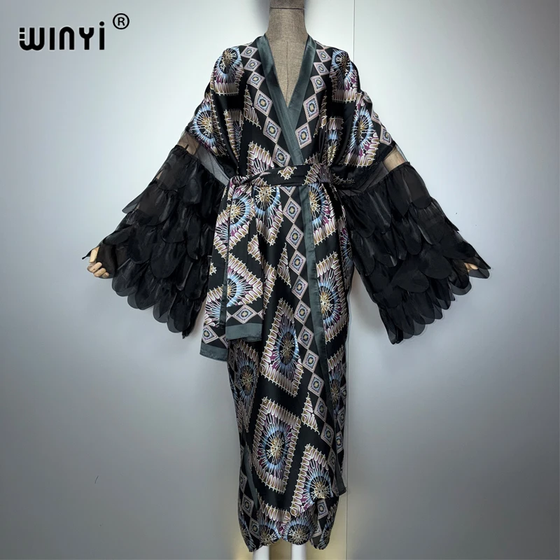كيمونو نسائي أنيق من WINYI لقضاء العطلات، معطف طويل الأكمام، عباءة دبي فاخرة، ملابس شاطئ، فستان بوهيمي، قفطان للعطلات