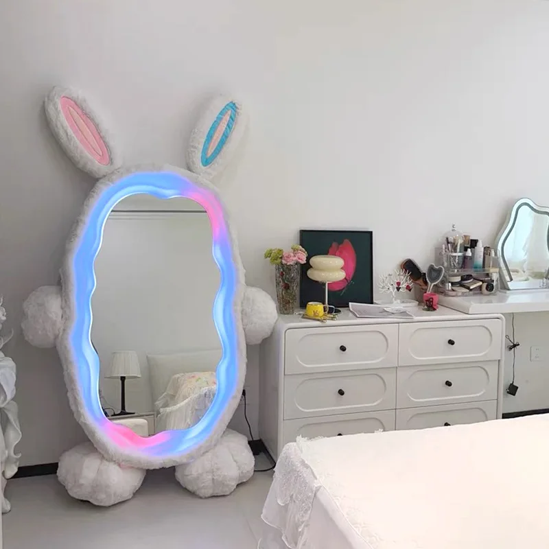 Internet Celebrity Rabbit Full Body Floor Mirror Movable Bedroom with Lamp Full-length Mirror Luminous Girls Home Wave