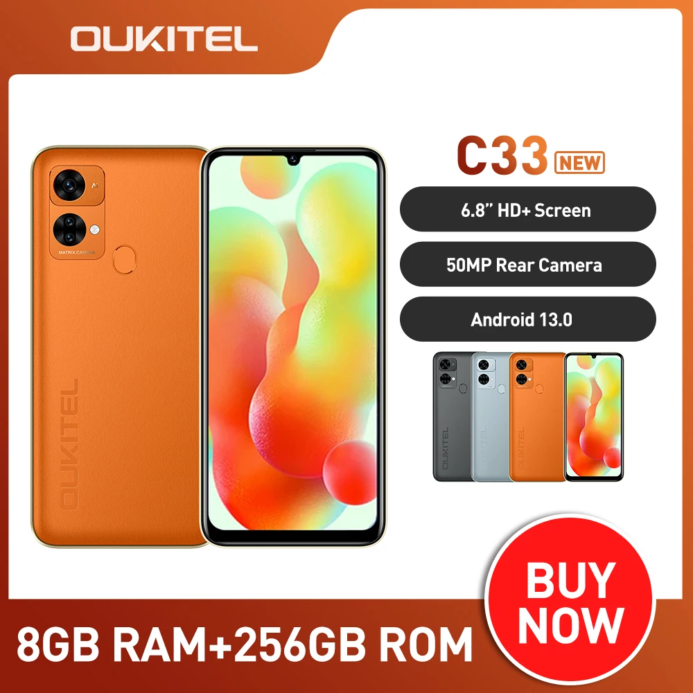 OUKITEL-teléfono inteligente C33, dispositivo con Android 13, 8GB de RAM + 256GB de ROM, Octa Core, pantalla HD de 6,8 pulgadas, cámara trasera de 50MP, 5150mAh