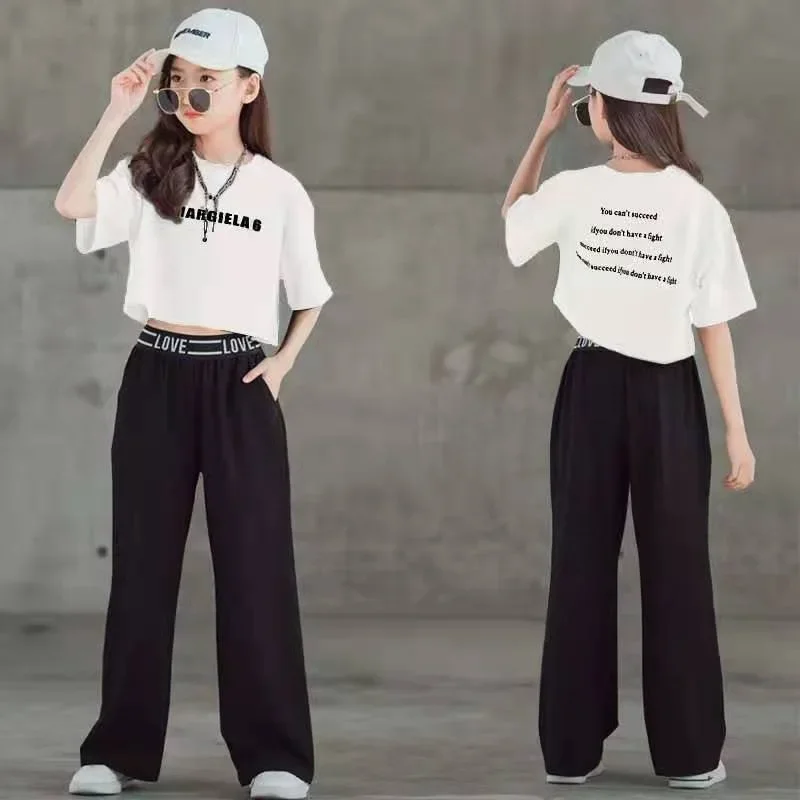 Children Sets Sale Price Girls Teenagers Suit Short-sleeved Top   Wide-leg Pants Two-piece Set for Casual Outer Wear Loungewear