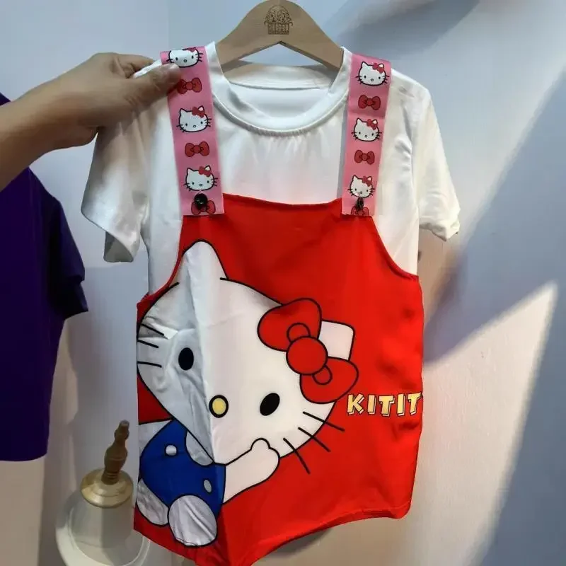 

Новая летняя футболка Sanrio Hello Kitty для девочек 2026 года с коротким рукавом, модное платье-юбка с милым мультяшным принтом Куроми для детей
