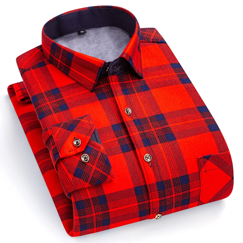 

Winter Warm Shirts For Men Regular Fit Thicker Velvet Top Blouse Asia Plus Size Big Plaid Casual Clothing Long Sleeves Shirts
