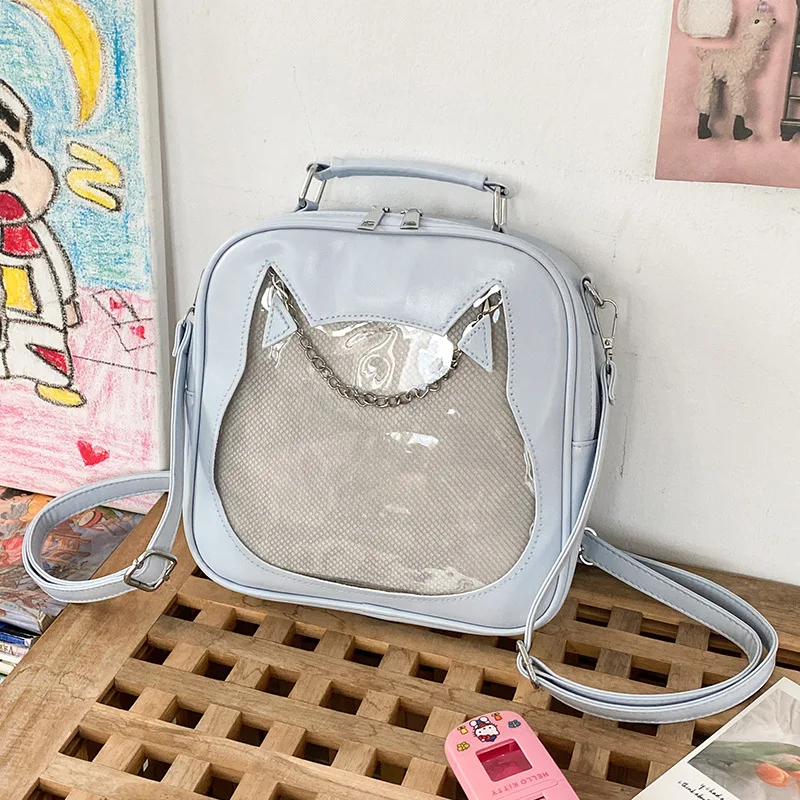 Y2K-Bolso cruzado de PU Kawaii japonés para niñas, bolso de hombro Harajuku de bolsillo transparente, itabag mochila de moda, lindo gato, Coreano