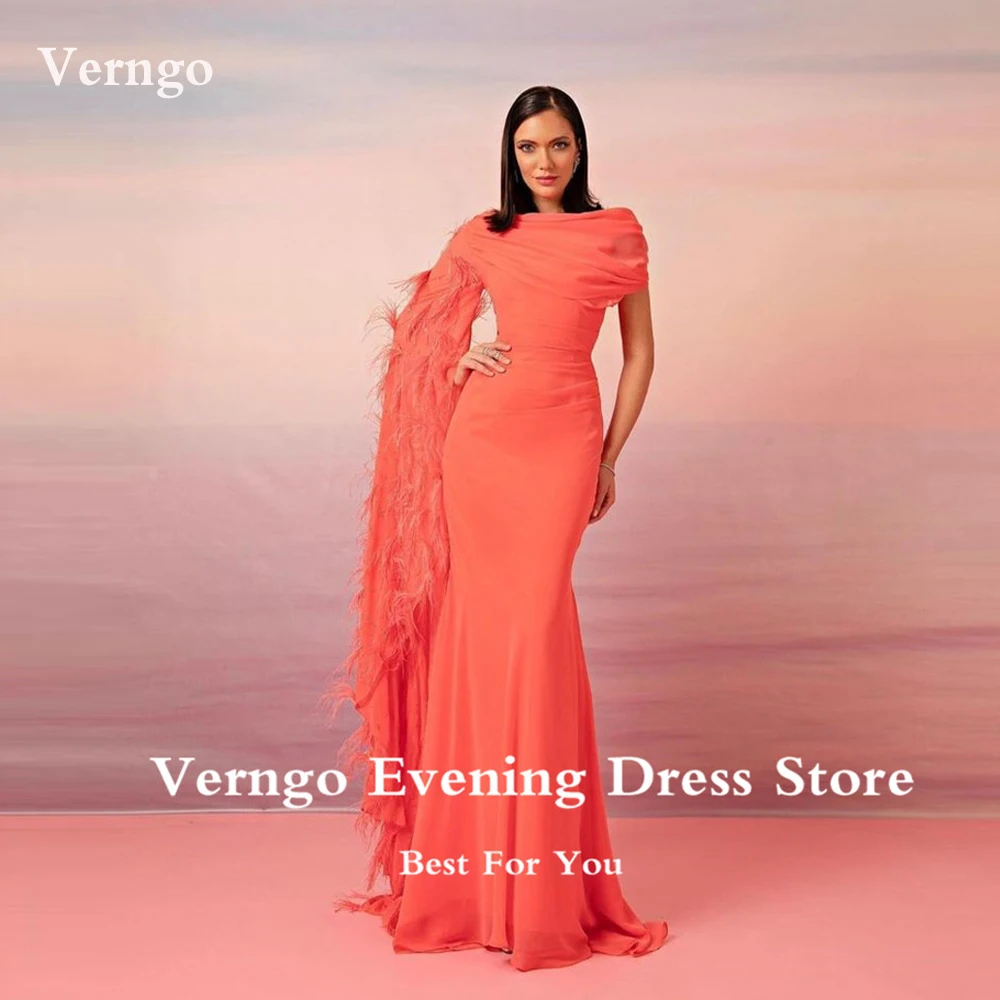 Verngo-Vestidos de Noche de sirena con plumas de gasa para mujer, vestidos formales de un hombro, manga larga, Dubai, Arabia, color naranja rubor