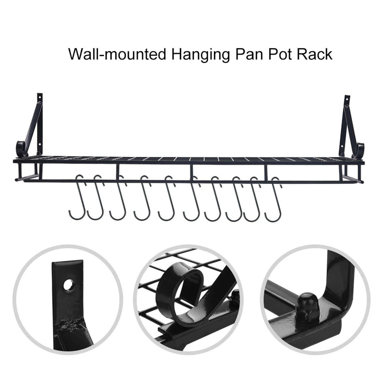 Kitchen Storage Rack Pan Rack Pot Rack Metal Hanging Pan Pot Rack Wall Mounted with 10 Hook Holders Kitchen Bathroom Organizer